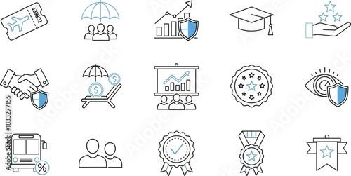 Collection of insurance, protection, travel safety, financial security, education benefits, rewards, and customer support outline icons for modern service design
