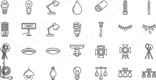 Collection of LED bulbs, lamps, studio lights, ceiling fixtures, energy-efficient lighting, and decorative illumination icons for modern interior design projects