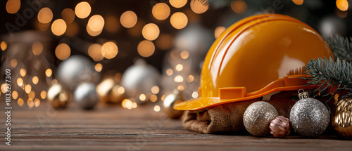 An orange construction helmet with christmas ornaments and lights in background
