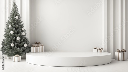 White podium with Christmas tree and gift boxes on white background minimalistic mockup scene for product presentation in winter season