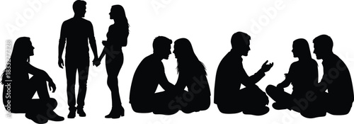 Silhouettes of couples and friends sitting, talking, bonding, and communicating in relaxed poses, expressing connection, relationships, conversation, and social interaction scenes