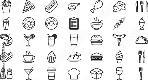 Food and restaurant icon set featuring fast food, beverages, desserts, seafood, utensils, cooking items, meals, and takeaway elements in clean line style.