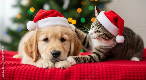 Cute Christmas puppy and kitten wearing Santa hats, celebrating holiday season together