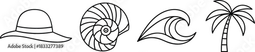 Simple line art icons of beach elements hat shell wave and palm tree