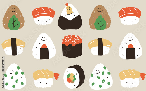 Delicious Sushi and Onigiri Delights. Vector illustration.