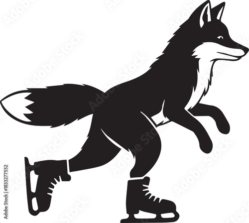 Black silhouette of a fox wearing ice skates and skating