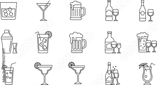 Modern alcoholic beverage and cocktail line icon set featuring beer, wine, mixed drinks, bar tools, and drinkware elements for menu design projects