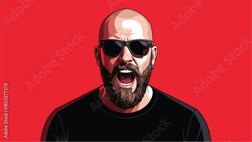 Bald Man with Beard and Sunglasses Yelling.