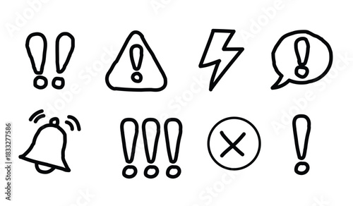 Set of Hand- Drawn Warning and Alert Icons symbol exclamation mark