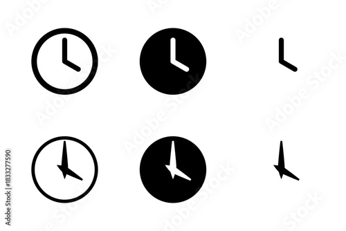 Simple Minimalistic Black and White Flat Analog Clock Time Symbol Sign Icon Set. Vector Image.