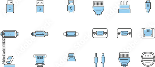 Modern computer cable and connector line icons collection featuring USB, HDMI, VGA, network ports, adapters, and digital device connectivity symbols