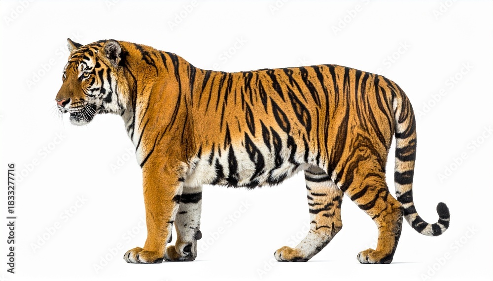 Obraz premium Side profile of Bengal tiger with orange coat, black stripes, white underbelly, and curved tail on white background.