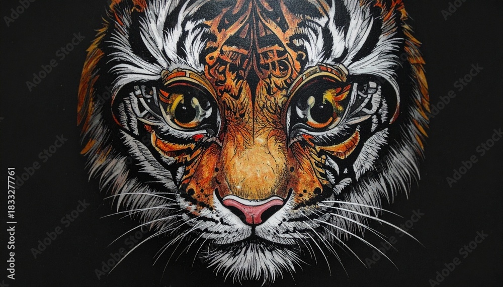 Obraz premium Close-up of tiger’s face with piercing golden eyes, vivid orange-black stripes, and dark background.