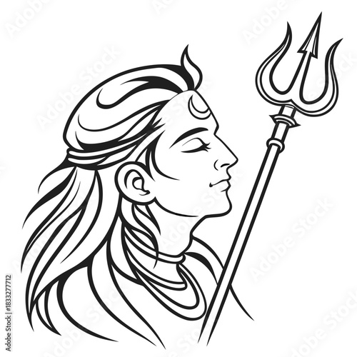 Lord Shiva in profile. He is depicted with long flowing hair, a crescent moon on his forehead, serene closed eyes, and holding a trident (trishul). The art style is bold and minimalistic.