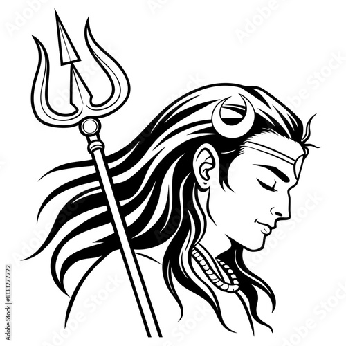 Black and white line art of Lord Shiva in profile, featuring flowing hair, crescent moon, third eye, trident, and beaded necklace.