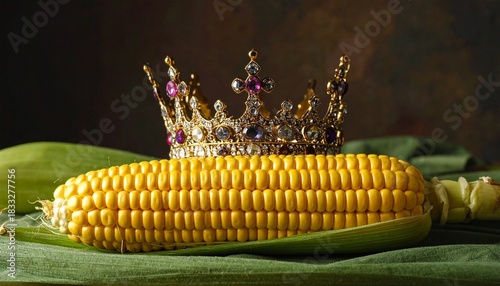 “A jeweled crown placed atop a fresh golden corn cob, symbolizing the ‘king of corn.’”