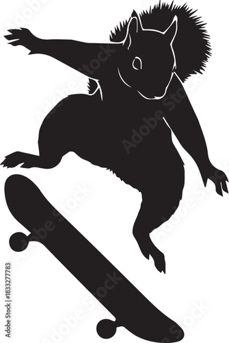 Silhouette of a squirrel performing a trick on a skateboard