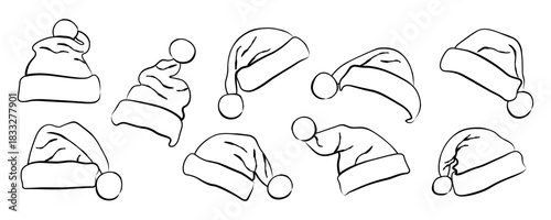 Christmas Santa hat line art for festive design and winter holiday project with cute outline and joyful mood by hand drawn style for kids and adult coloring