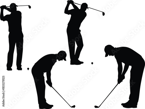Silhouettes of golfer performing swing, stance and putting poses, sports activity illustration for golf training, athletic motion, outdoor recreation and vector design projects