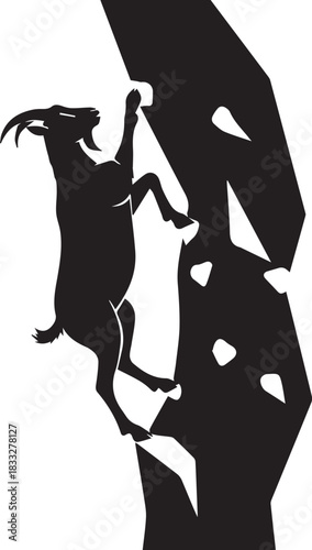 Silhouette of a goat climbing a steep rocky cliff face