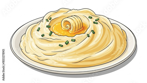 Fluffy mashed potatoes with butter and chives on a plate