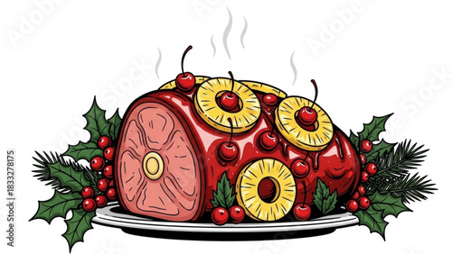 Festive glazed ham with pineapple and cherries