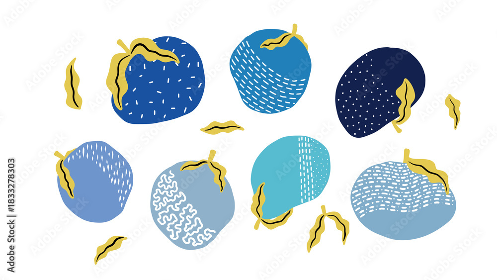 Fototapeta premium Stylized Blue Strawberries Vector Illustration with Abstract Patterns and Yellow Leaves on White Background - Transparent PNG