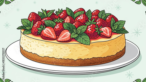 Delicious strawberry cheesecake with fresh mint garnish