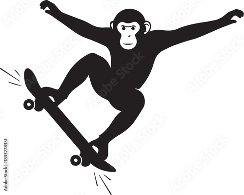 Silhouette of a monkey performing a trick on a skateboard