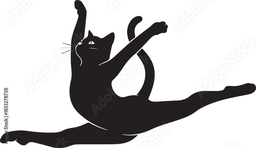 Black cat silhouette performing a graceful ballet split and pose