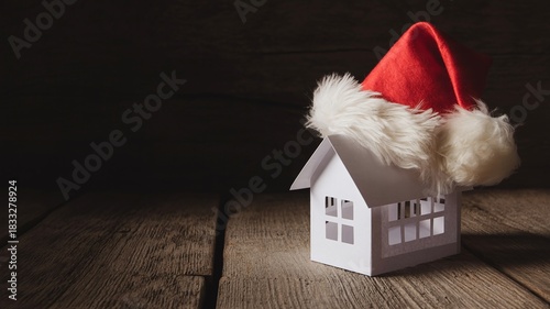 Miniature White Paper House Model Wearing Santa Hat: Real Estate, Holiday Homeownership, and Cozy Winter Property Concept