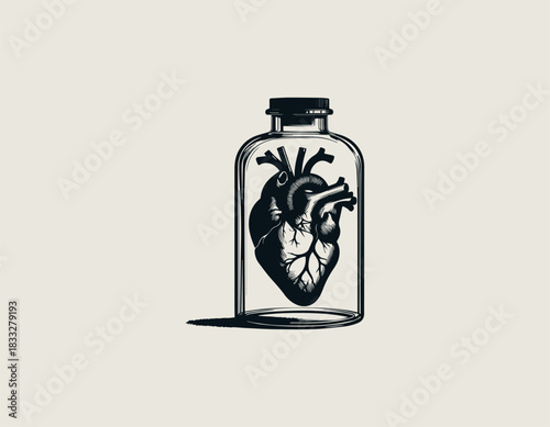 Anatomically correct human heart carefully preserved inside a clear glass jar. Medical study concept