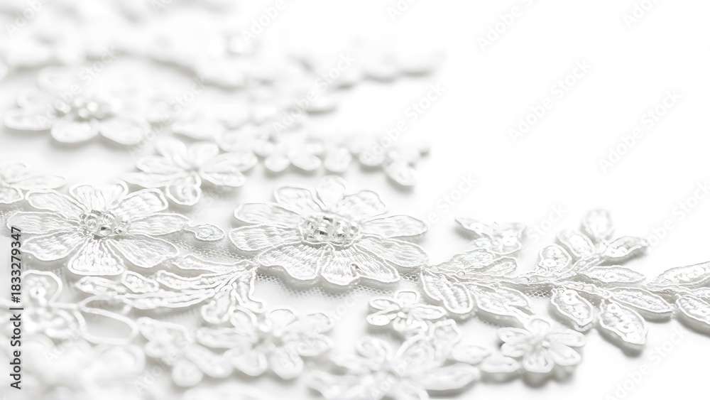 Fototapeta premium Close up of delicate white floral lace fabric with shimmering embellishments