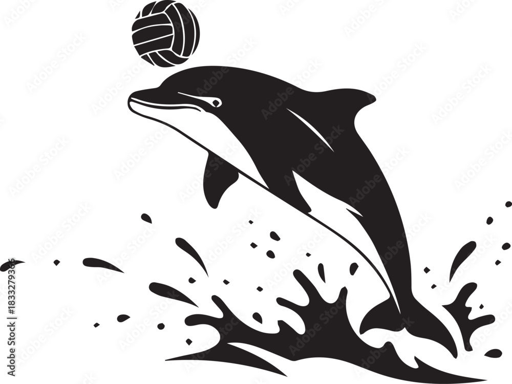 Obraz premium Black silhouette of a dolphin leaping out of the water and balancing a ball on its nose
