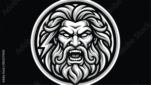 Fierce Zeus Head Emblem with Lightning Bolt.