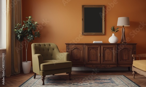 A nostalgically inviting living room, the focal point being a vintage olive armchair