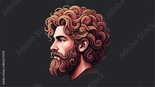 Stylized Portrait of a Man with Elaborate Curly Hair and Beard.