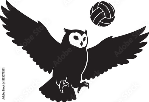 Silhouette of an owl in flight with a volleyball