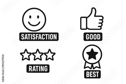 Black and white symbols for customer satisfaction, product rating, quality, and service