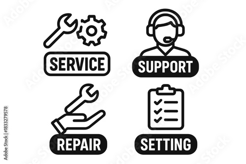 Outline pictograms representing technical service, customer support, repair, and system settings