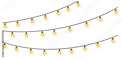 Yellow string lights on black wires with white background Keywords: string lights, yellow lights