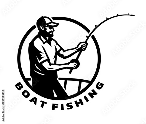 Boat fishing. Logo of a fisherman with a fishing rod.