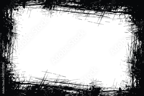 Abstract background with severe black scratched metal border design on white