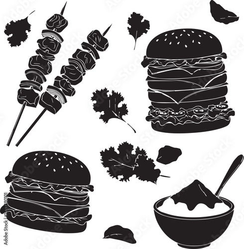 Hand drawn black silhouette food elements burger skewers and dip