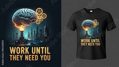 Work until they need you quote t-shirt design with brain illuminating future cityscape