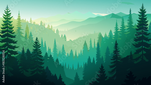 Misty Evergreen Forest Landscape with Fog and Morning Light