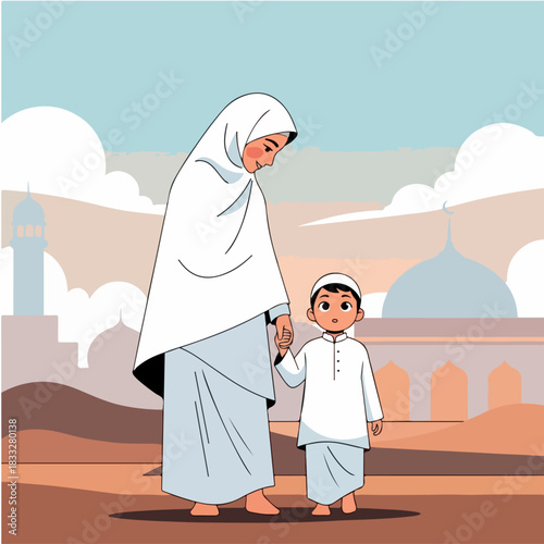 Mother and Child Near Mosque illustration vector