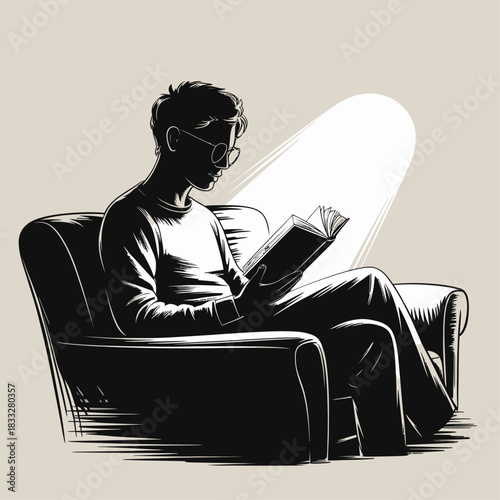 Silhouetted reader sits in a cozy chair under focused lamplight, immersed in a quiet book.