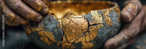 Hands holding a kintsugi bowl with gold filling the cracks in the broken pottery