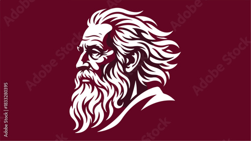Stylized illustration of an old mans profile with a long beard.